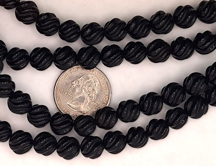 10mm Black Onyx Carved Twisted Melon Gemstone Beads 8-inch Strand