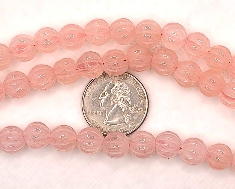 10mm Rose Quartz Carved Melon Round Gemstone Beads 8-Inch Strand