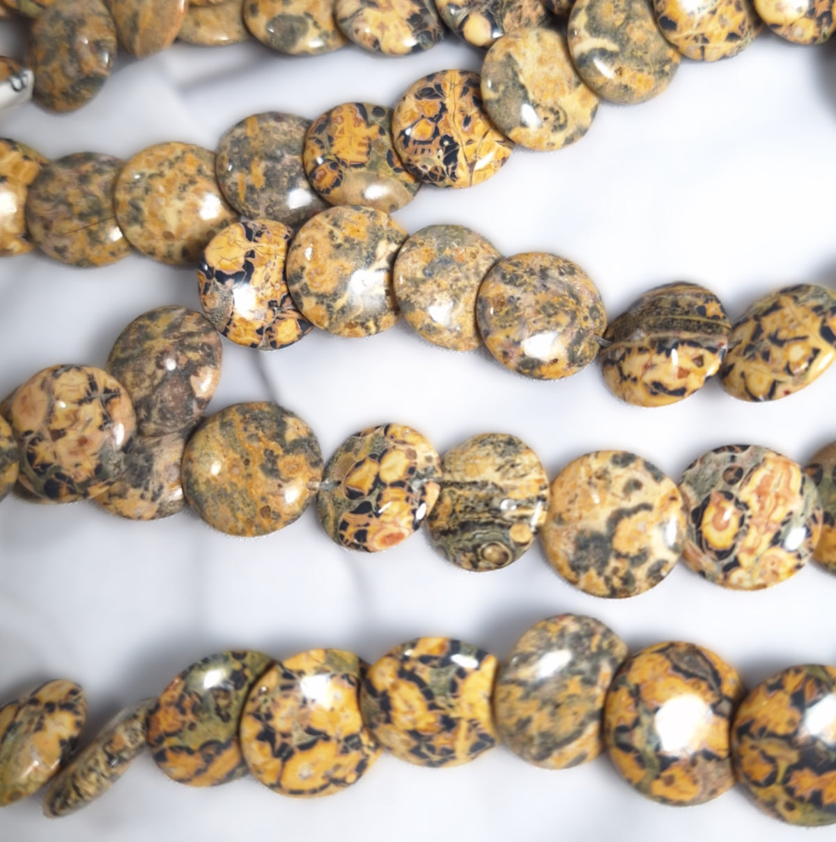 12mm Leopard Jasper Tiled Lentil Coin Gemstone Beads 16-Inch Strand