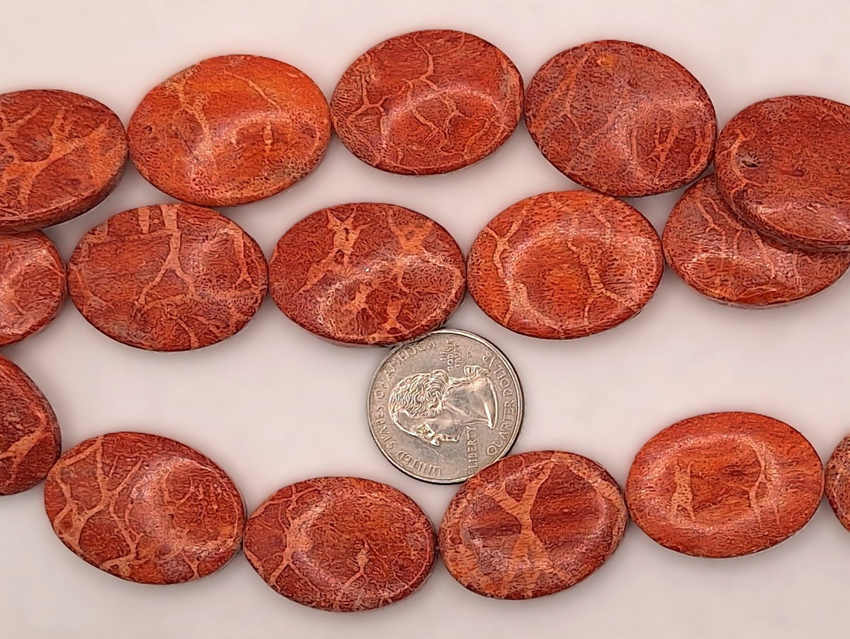 30x23mm Red Sponge Coral Dyed Flat Oval Beads 8-inch Strand