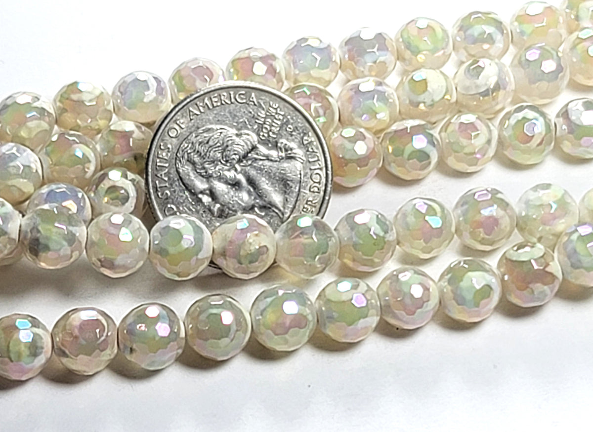 8mm Mystic Dzi White Dot Agate Faceted Round Gemstone Beads 8-Inch Strand
