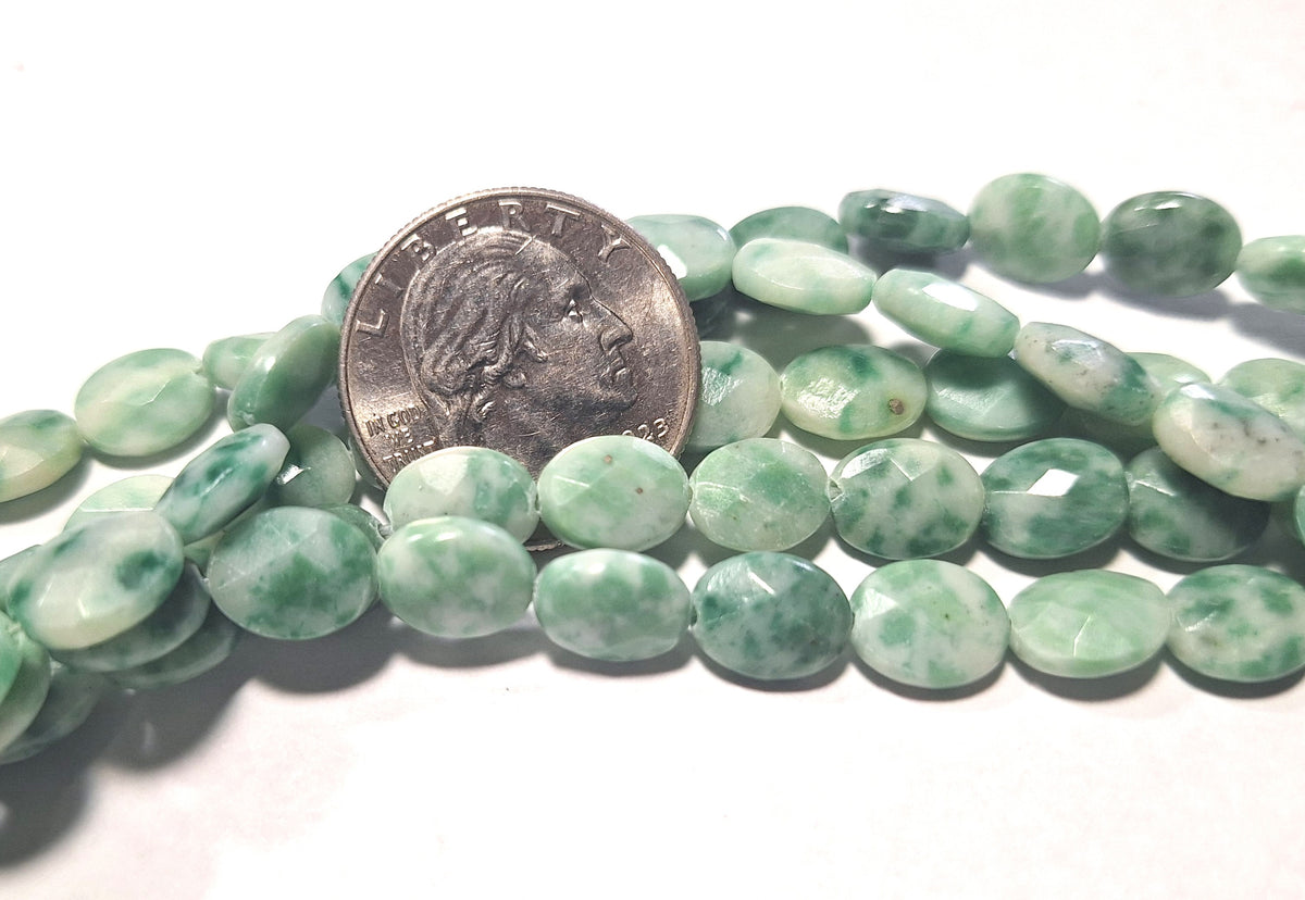 10x8mm Green Spot Jade Faceted Oval Gemstone Beads 16-Inch Strand