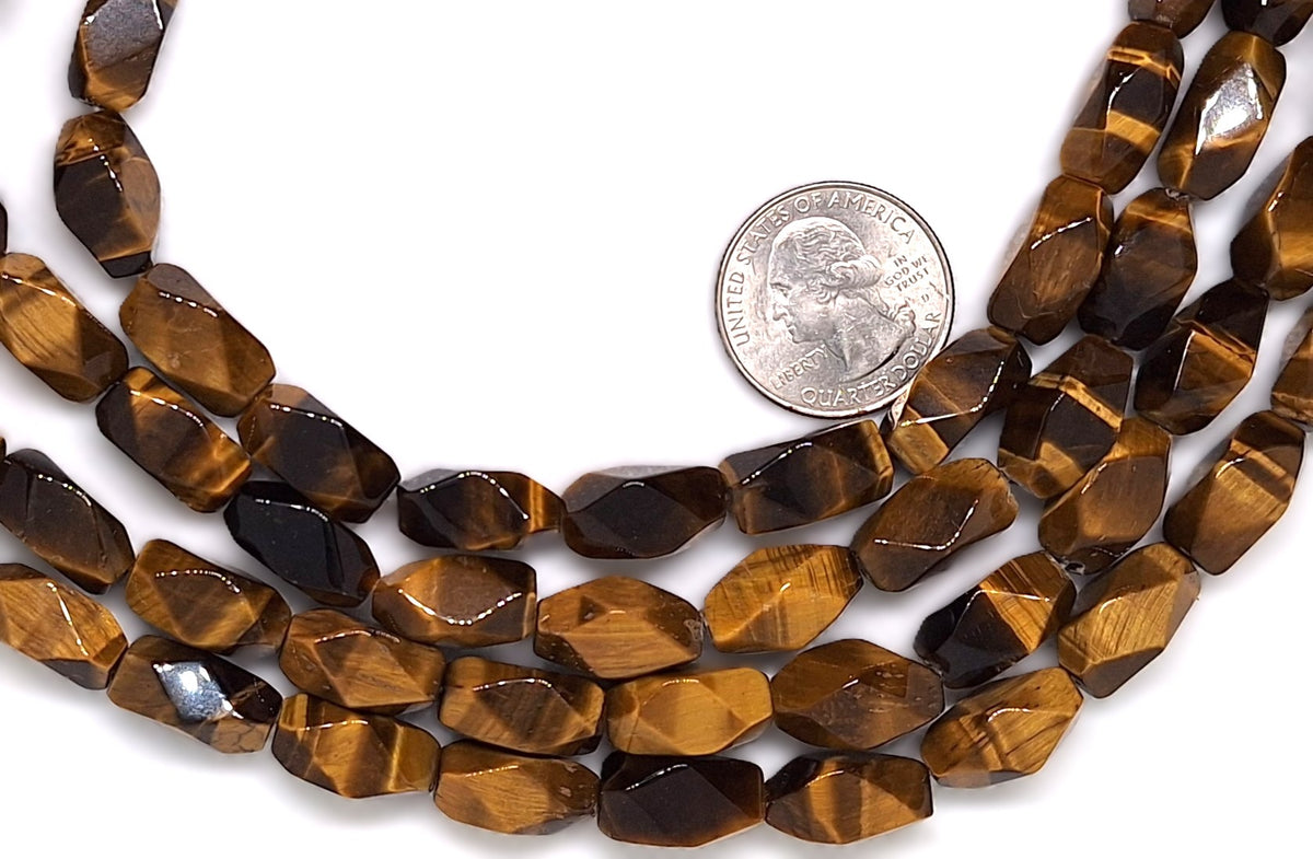 16x8mm Tiger's Eye Baroque Double Prism Faceted Gemstone Beads 16-inch Strand