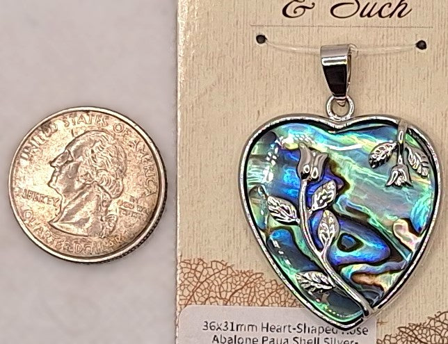 36x31mm Heart-Shaped Rose Abalone Paua Shell Silver-Plated Brass Pendant