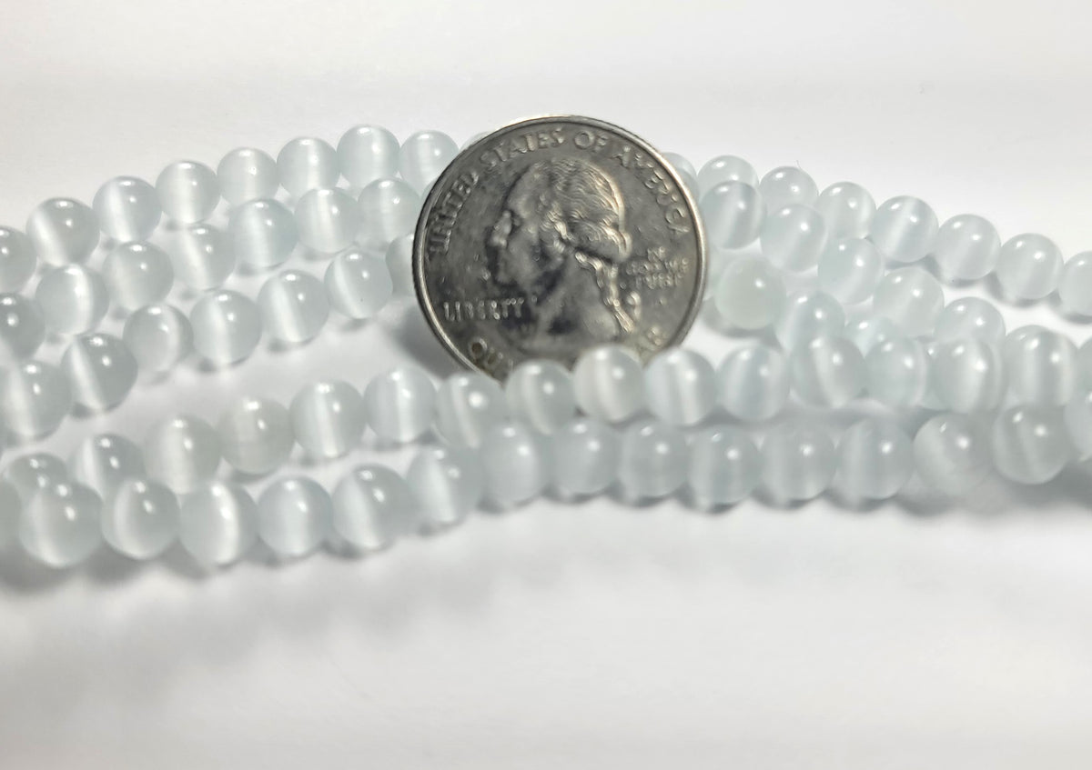 6mm White Cat Eye Round Glass Beads 8-Inch Strand