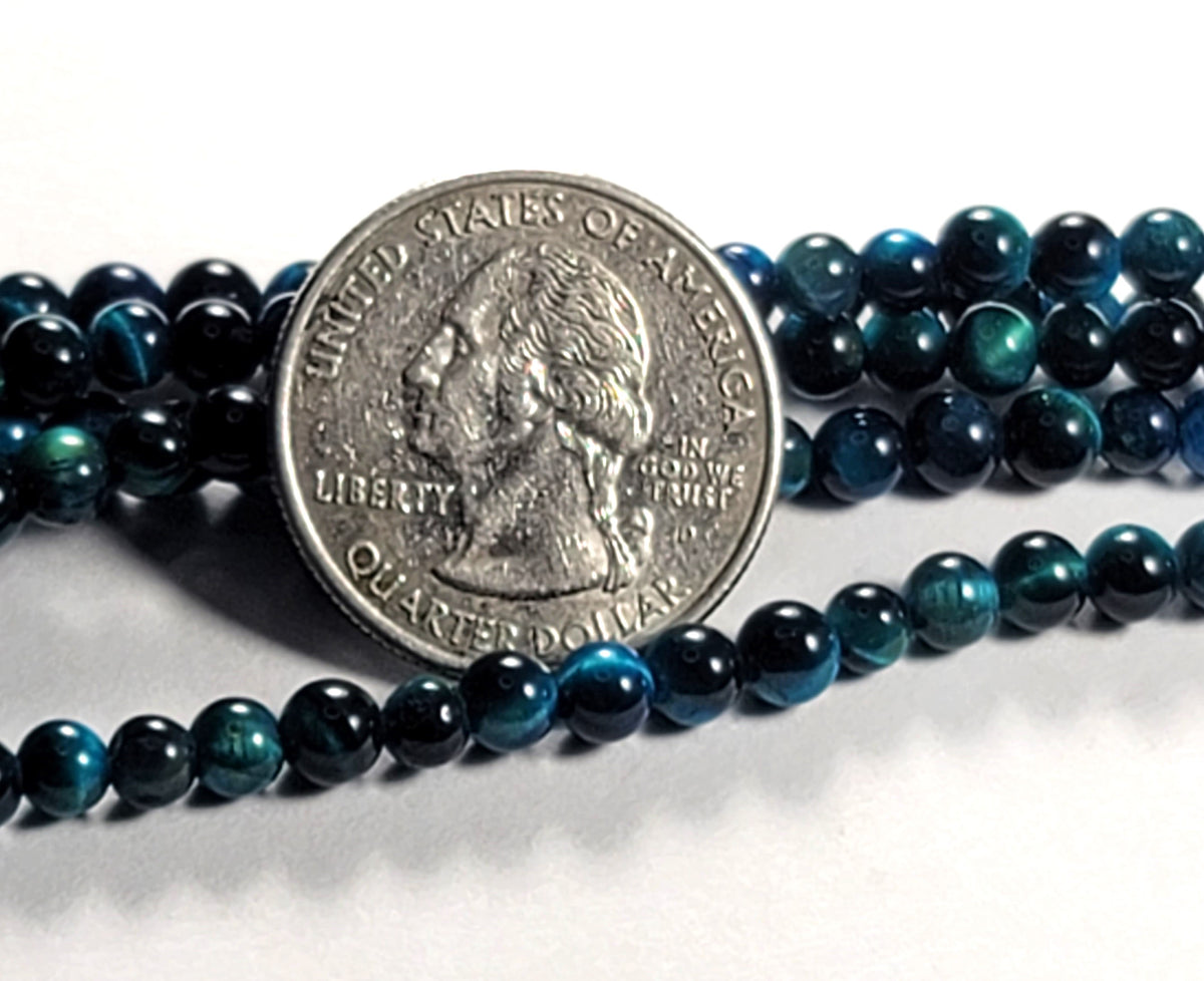 4mm Blue Green Tiger's Eye Round Gemstone Beads 8-Inch Strand