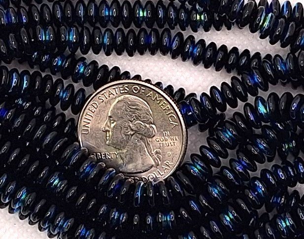 6mm Jet Black Opaque AB Smooth Pressed Glass Rondelle Beads 50ct