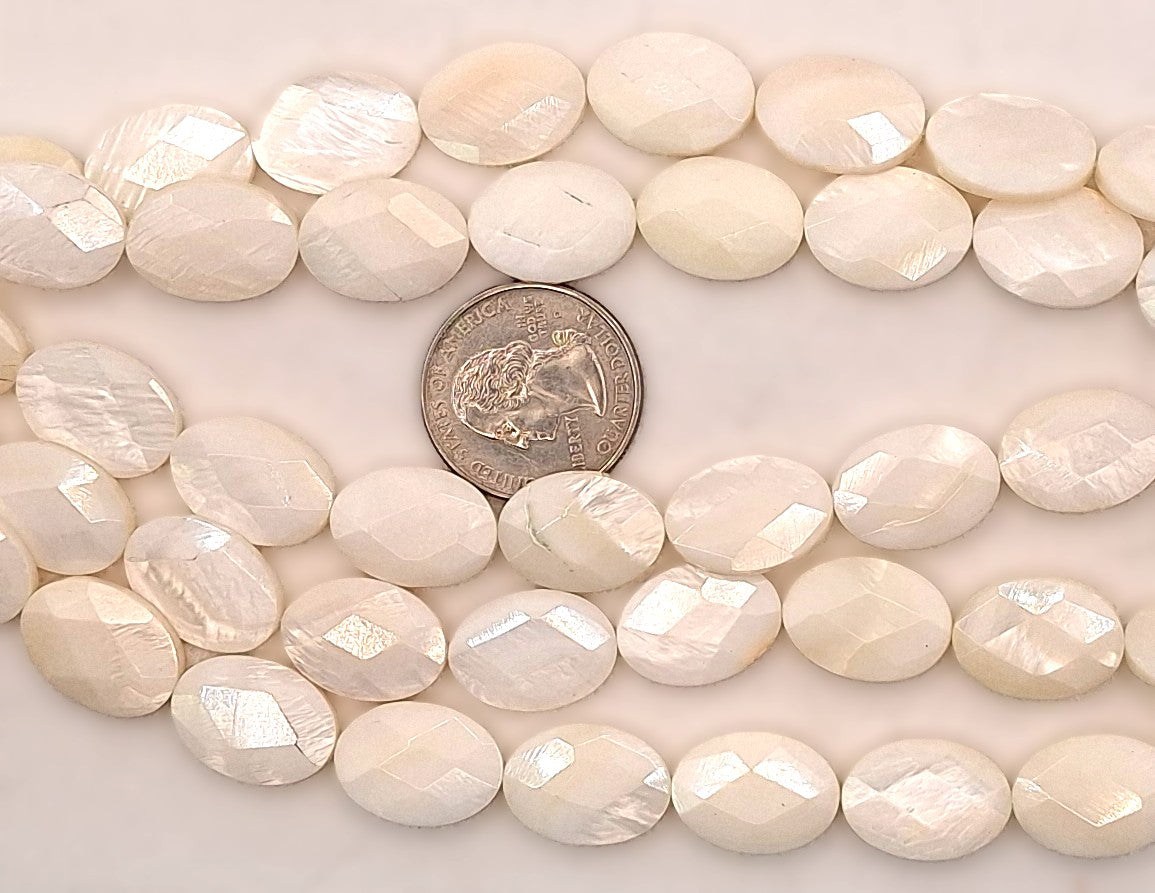 18x13mm Mother of Pearl MOP Faceted Flat Oval Shell Beads 8-Inch Strand