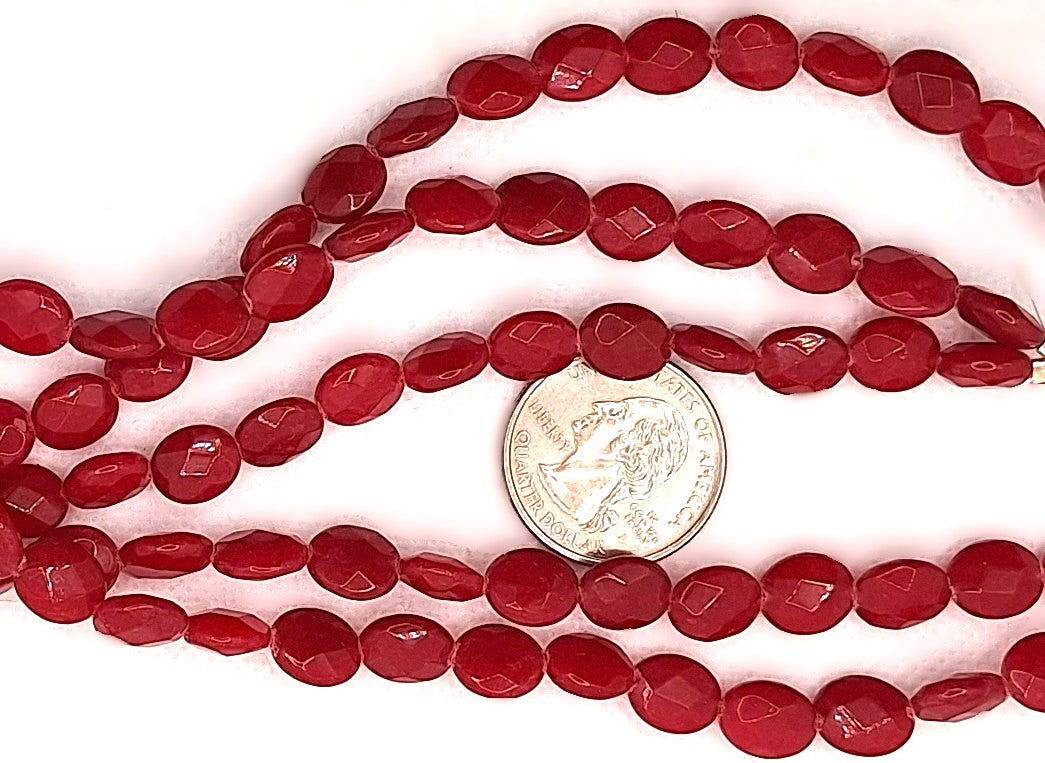 10x8mm Red Jade Faceted Puff Oval Gemstone Beads 8-Inch Strand