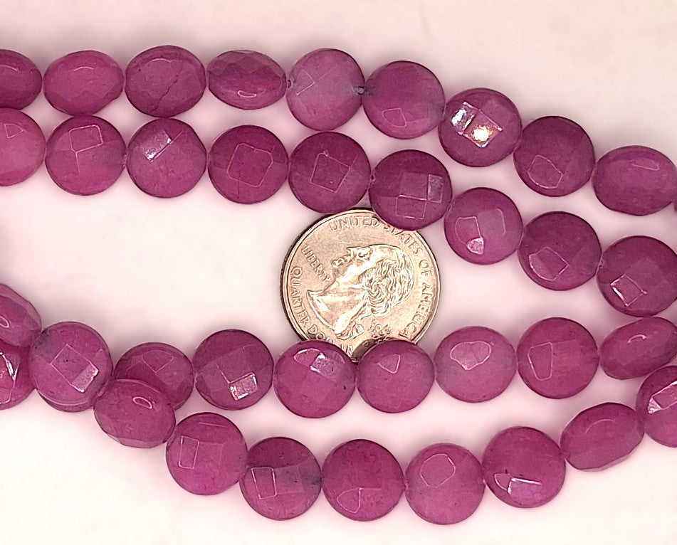 12mm Purple Dyed Jade Faceted Coin Gemstone Beads 8-Inch Strand