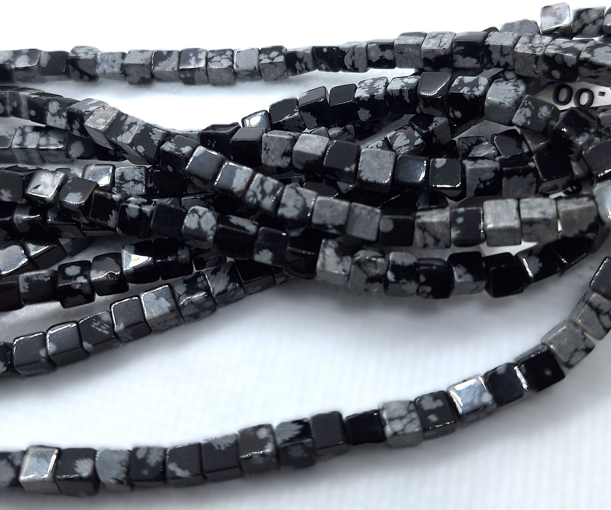 4mm Snowflake Obsidian Cube Gemstone Beads 16-Inch Strand