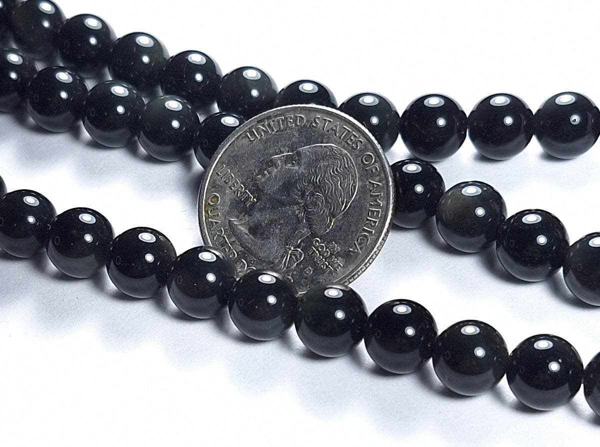 8mm Black Silver Obsidian Grade A Round Gemstone Beads 8-Inch Strand