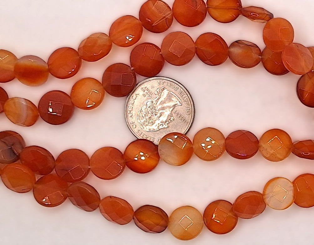 12mm Carnelian Faceted Coin Gemstone Beads 8-Inch Strand