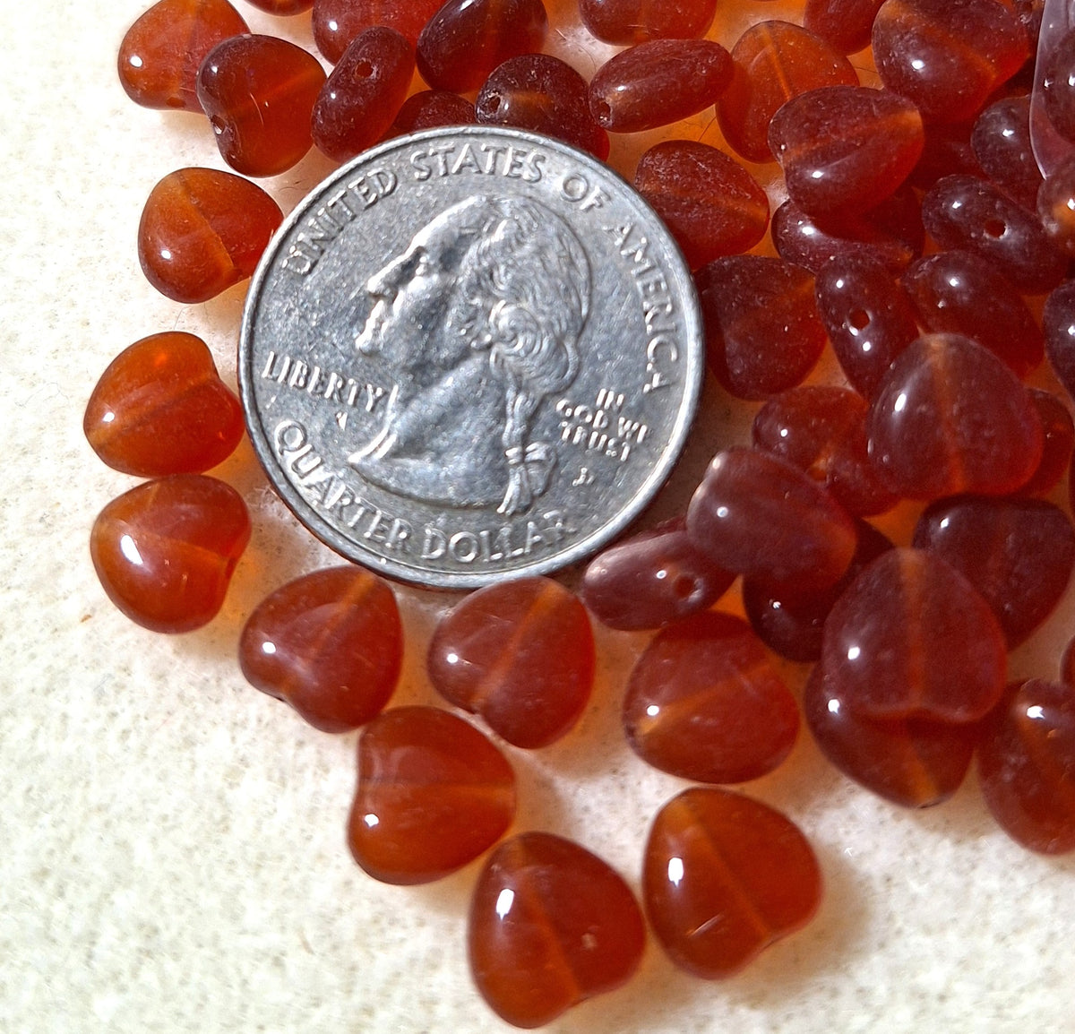 8mm Carnelian Orange Red Heart Pressed Czech Glass Beads 30ct