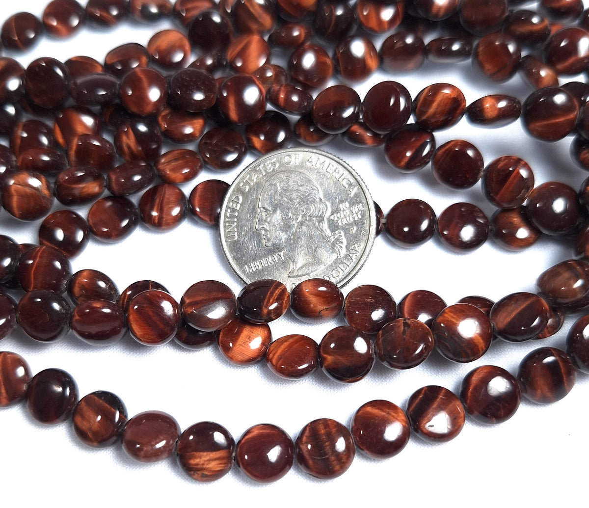 8mm Red Tiger's Eye Puff Coin Gemstone Beads 16-Inch Strand