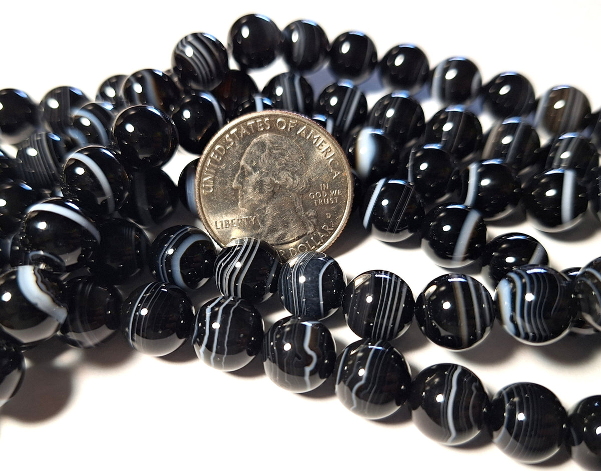 10mm Black Striped Onyx Sardonyx Round Gemstone Beads 16-Inch Strand