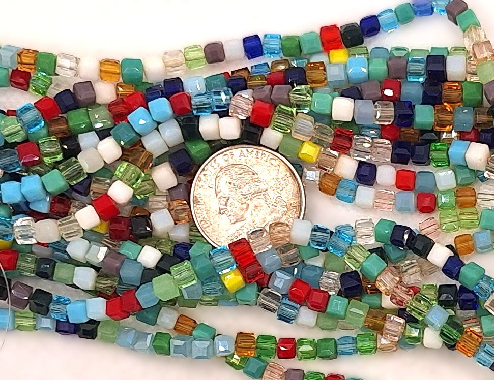 4mm Mixed Faceted Square Cube Glass Beads 16-inch Strand