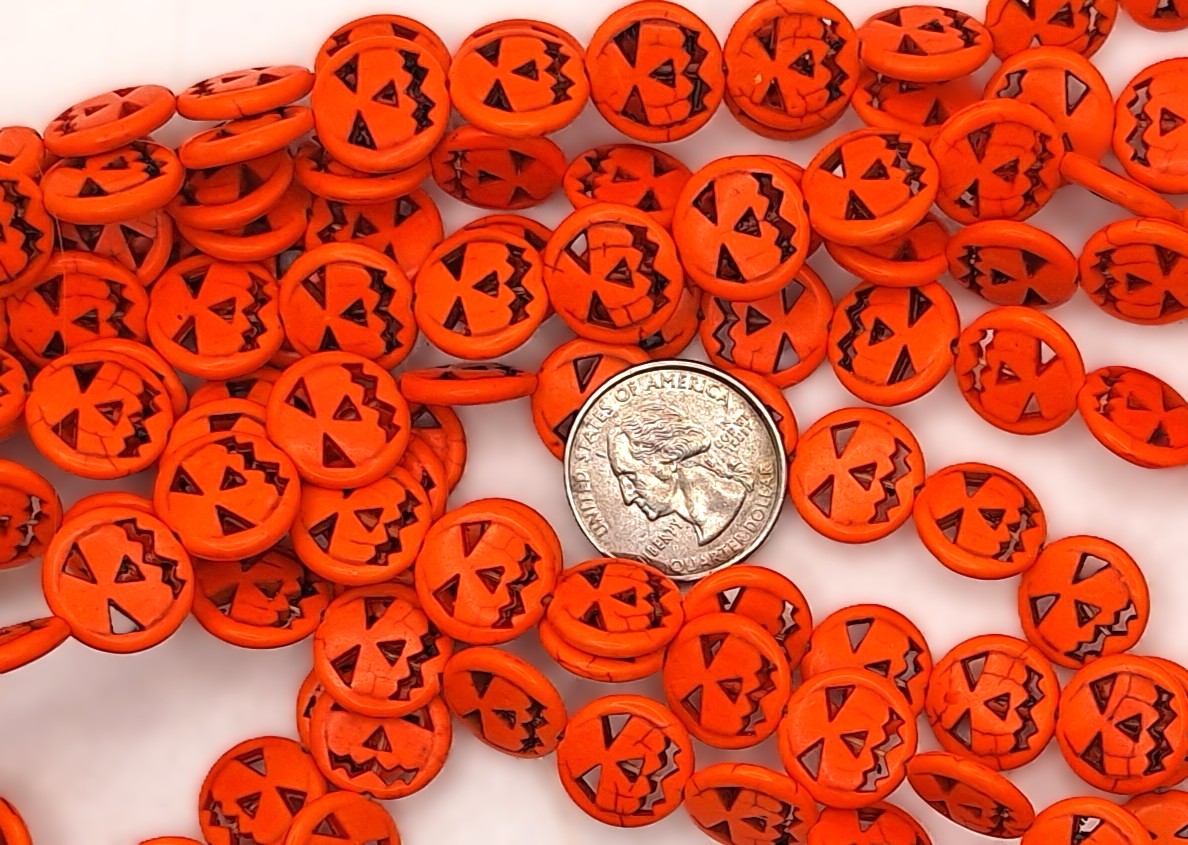 15mm Jack-o-Lantern Orange Dyed Howlite Flat Beads 14ct