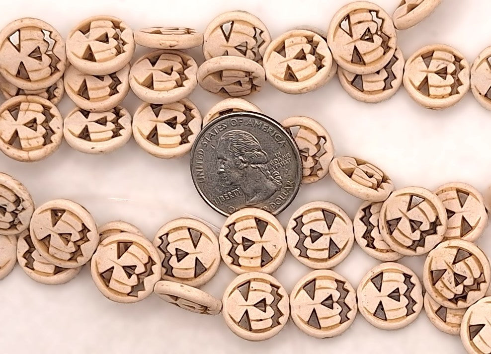 15mm Jack-o-Lantern White Dyed Howlite Flat Beads 14ct