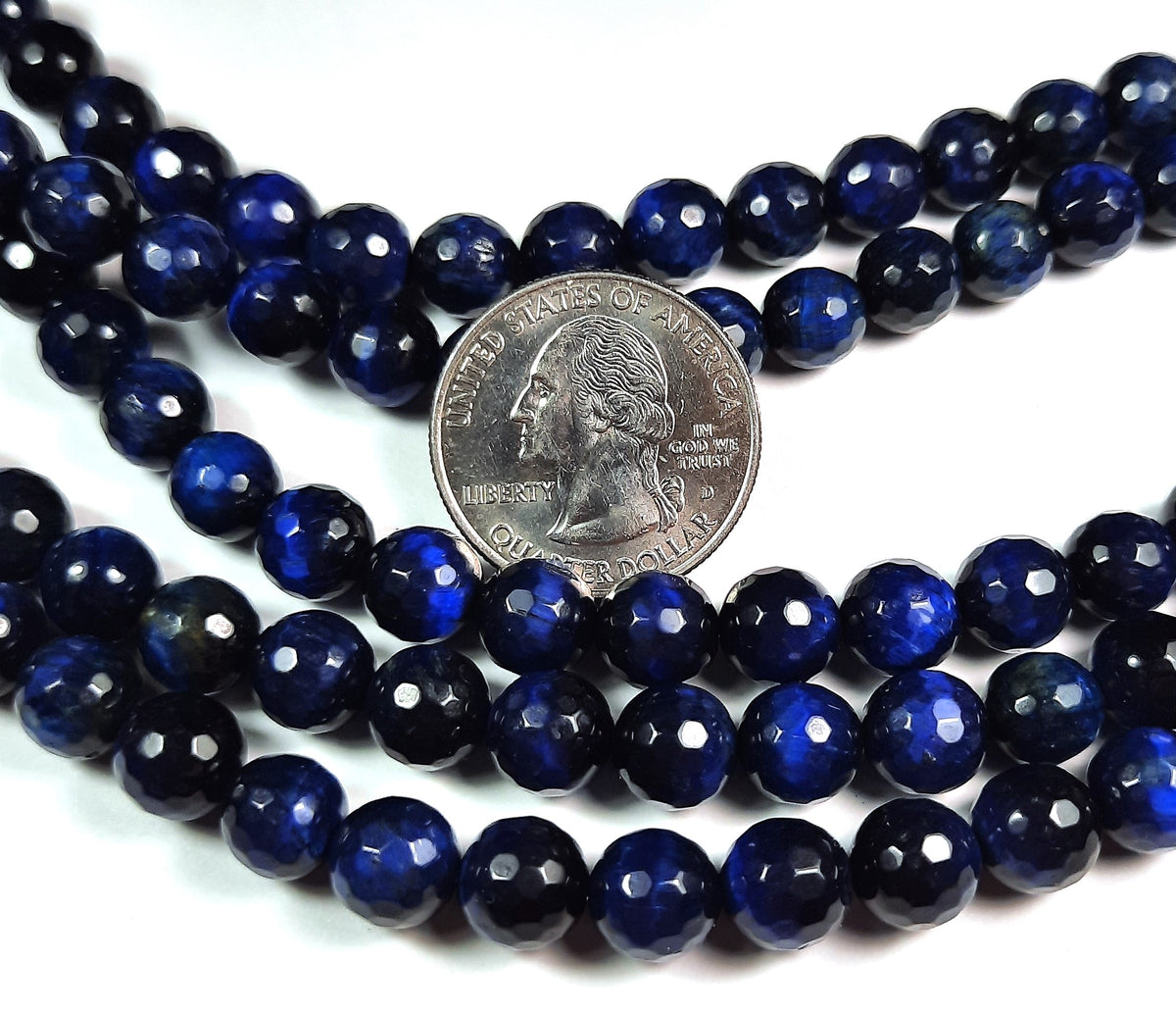 8mm Tiger's Eye Dyed Dark Blue Faceted Round Gemstone Beads 8-Inch Strand