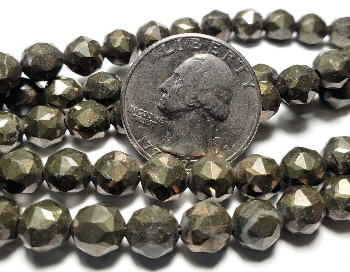 8mm Pyrite Faceted Round Gemstone Beads 8-Inch Strand