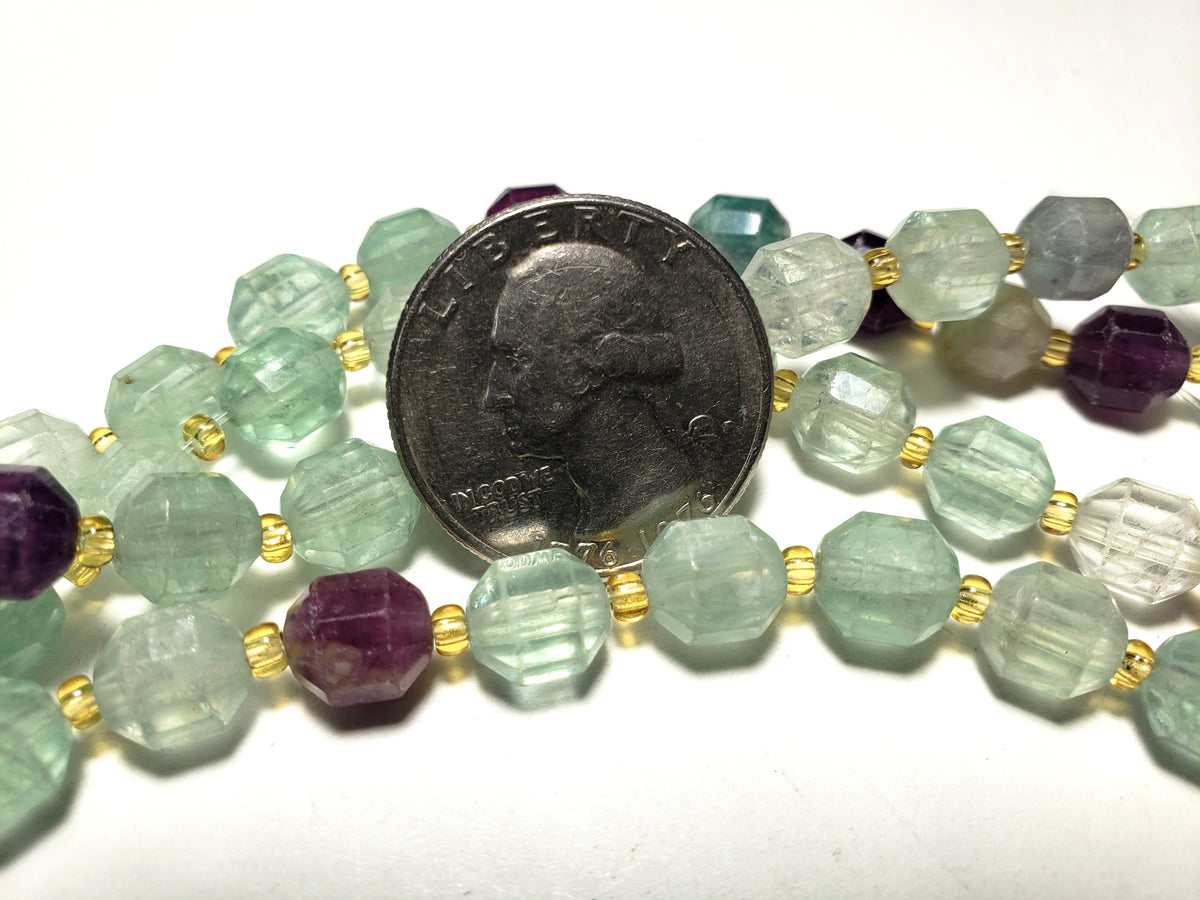 8mm Rainbow Fluorite Faceted Lantern Gemstone Beads 8-Inch Strand