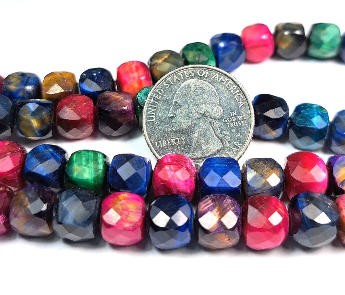 10mm Rainbow Tiger's Eye Faceted Cube Gemstone Beads 8-Inch Strand