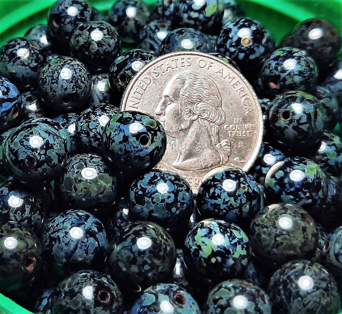 10mm Round Jet Marble Picasso Czech Glass Beads 15ct