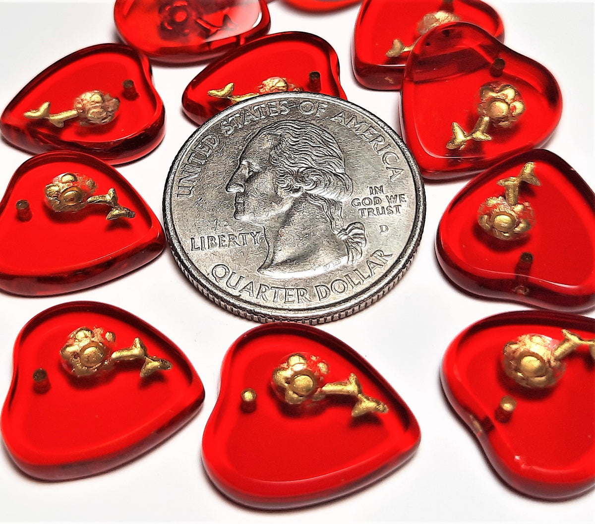 16x17mm Siam Red Czech Glass Heart Pendant with Gold Flower 2ct