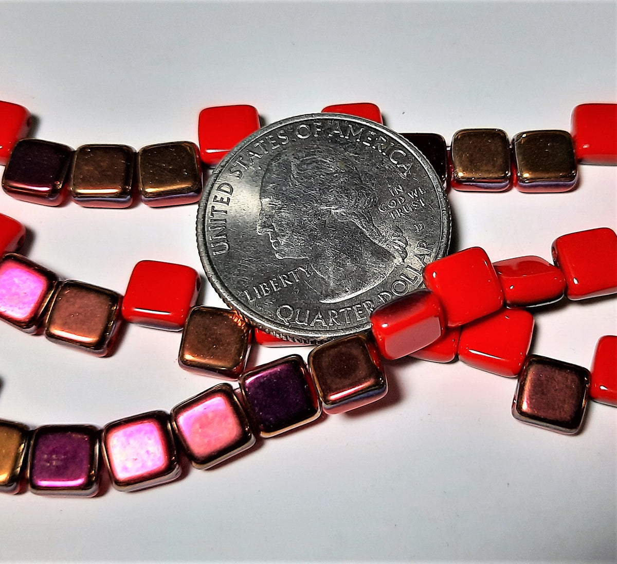 6mm Coral Sliperit 2-Hole Czech Glass Tile Beads 7-Inch Strand