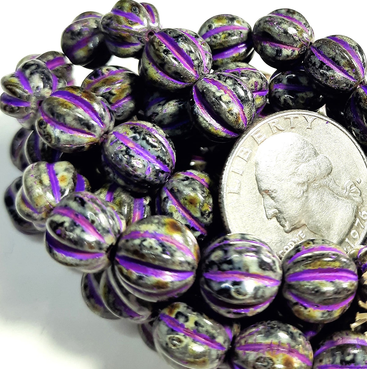 10mm Melon Black with a Picasso Finish and Purple Wash Czech Glass Beads 15ct
