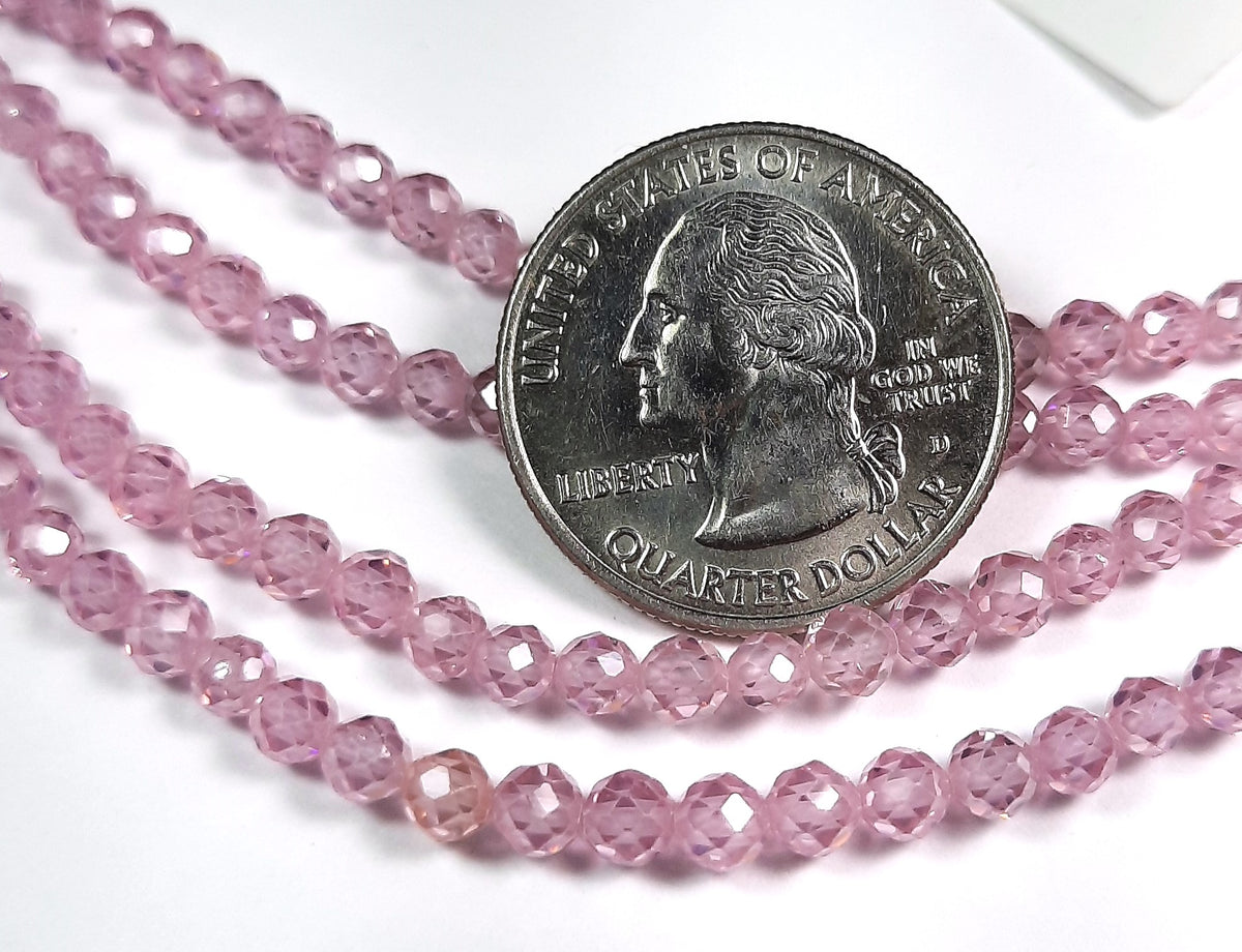 4mm Cubic Zirconia Pink Faceted Round Gemstone Beads 8-Inch Strand
