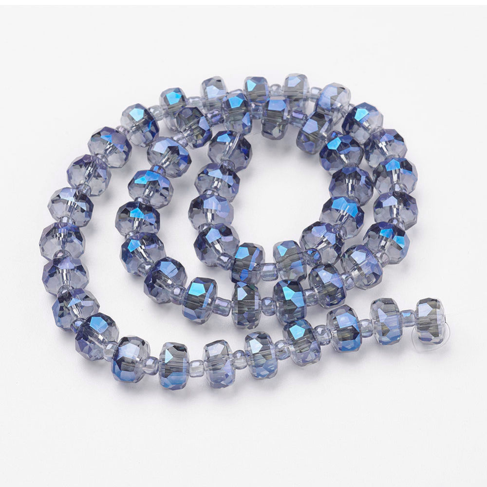 8mm Rainbow-Plated Flat Round Steel Blue Faceted Glass Beads 10ct