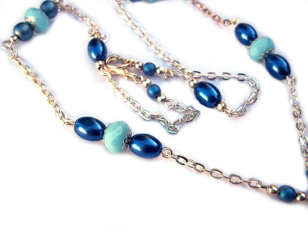 Aqua and Blue Pearl Dwarven Hammer D&amp;D RPG Dice Necklace D8 Geek Fantasy Jewelry