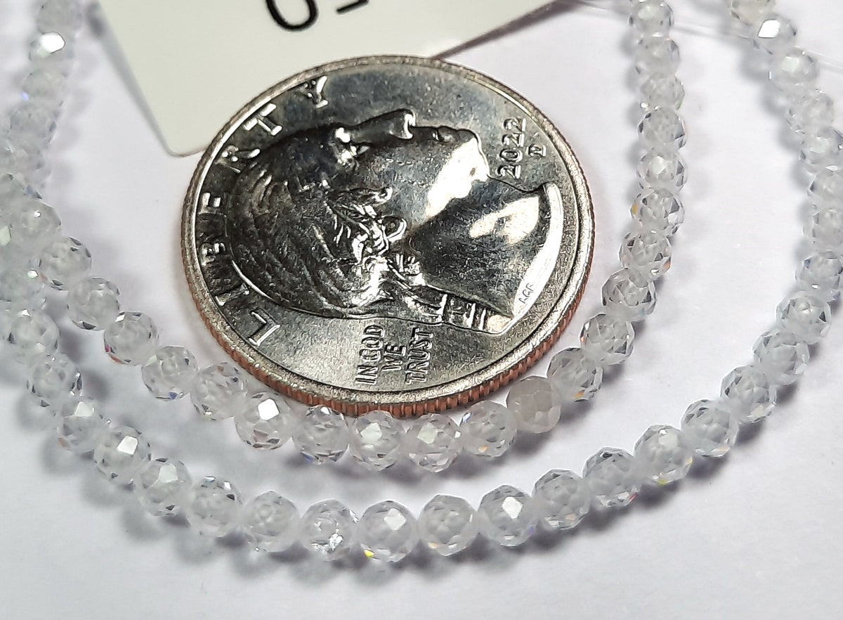 3mm Crystal Clear Cubic Zirconia Faceted Round Gemstone Beads 8-Inch Strand