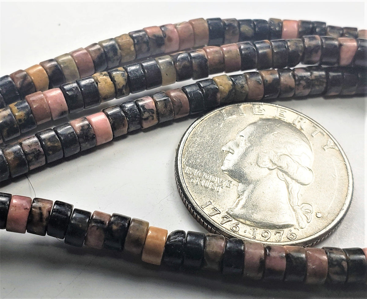 4x2mm Rhodonite Black Vein Heishi Button Gemstone Beads 8-inch Strand