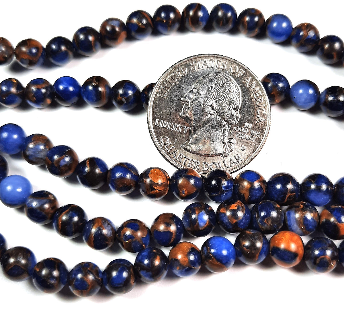 6mm Gold Dark Blue Rainbow Stone Round Gemstone Beads 8-Inch Strand