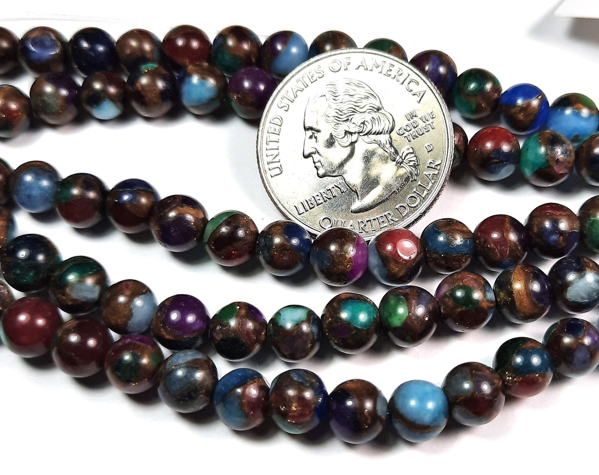 6mm Gold Mixed Rainbow Stone Round Gemstone Beads 8-Inch Strand