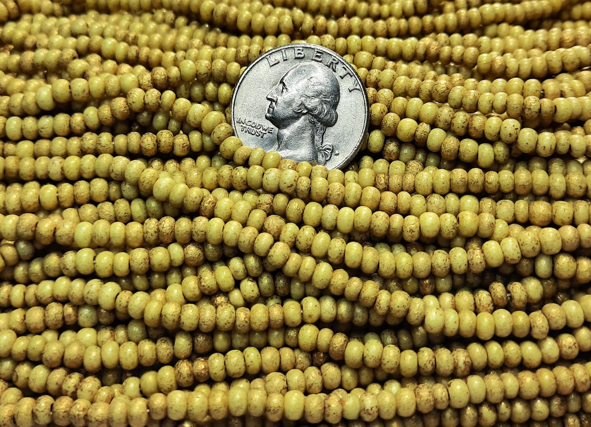 6/0 Mustard Yellow with Etched Metallic Gold Dust Czech Seed Beads Two Strands