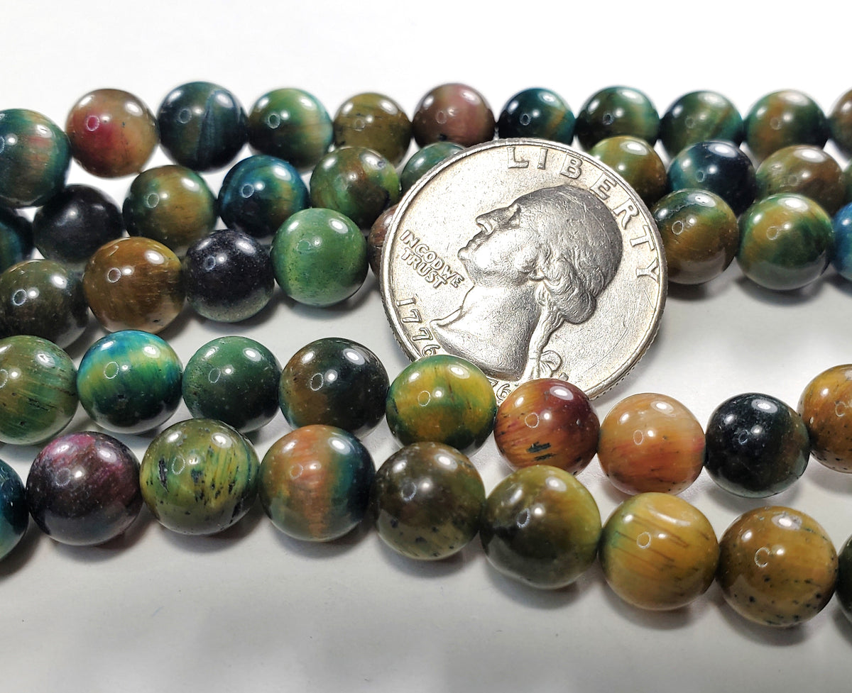 8mm Blue Green Tiger's Eye Round Gemstone Beads 8-Inch Strand