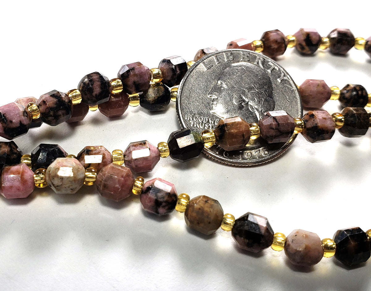 6mm Rhodonite Black Vein Faceted Lantern Gemstone Beads 8-Inch Strand