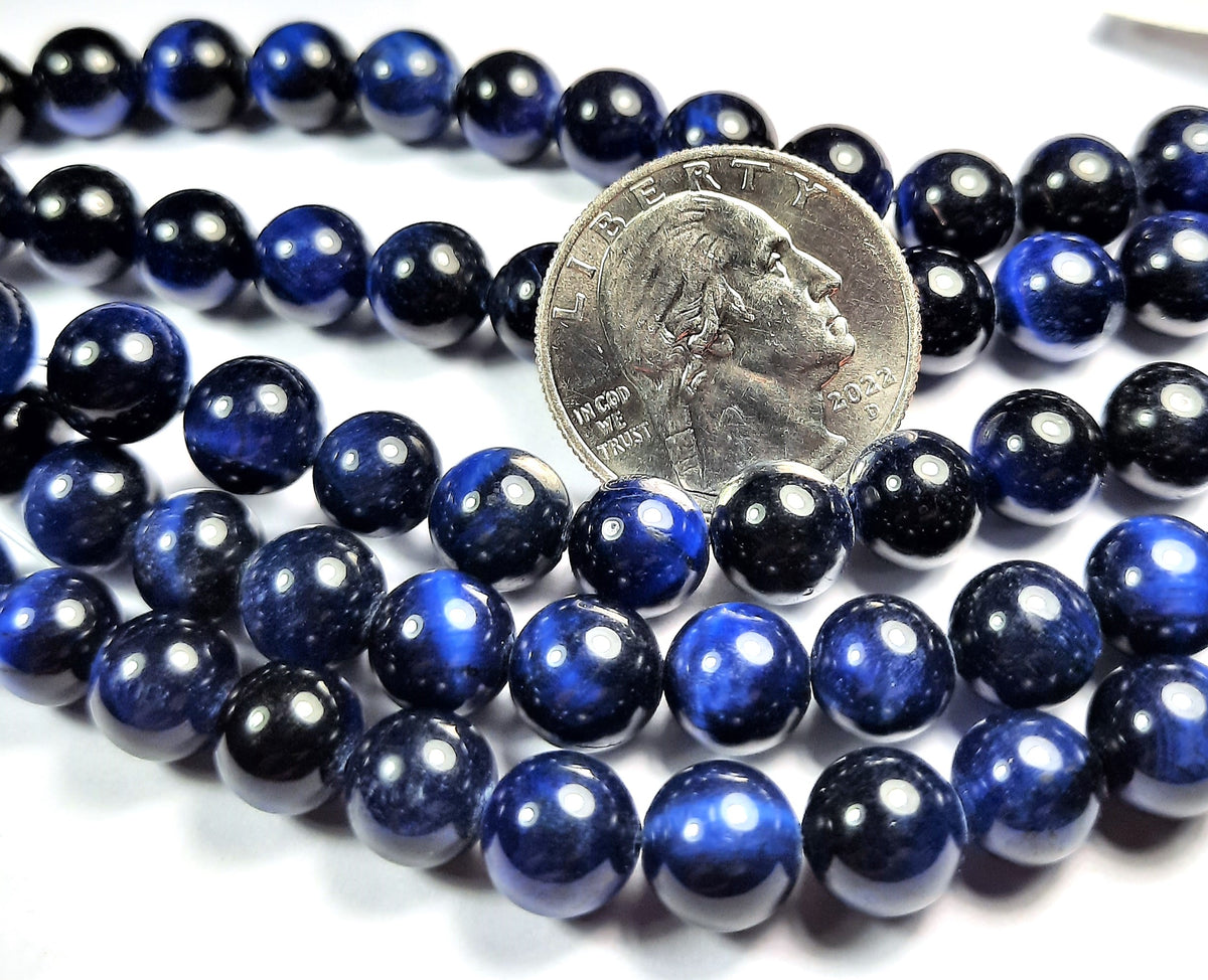 8mm Tiger's Eye Lapis Blue Round Gemstone Beads 8-Inch Strand