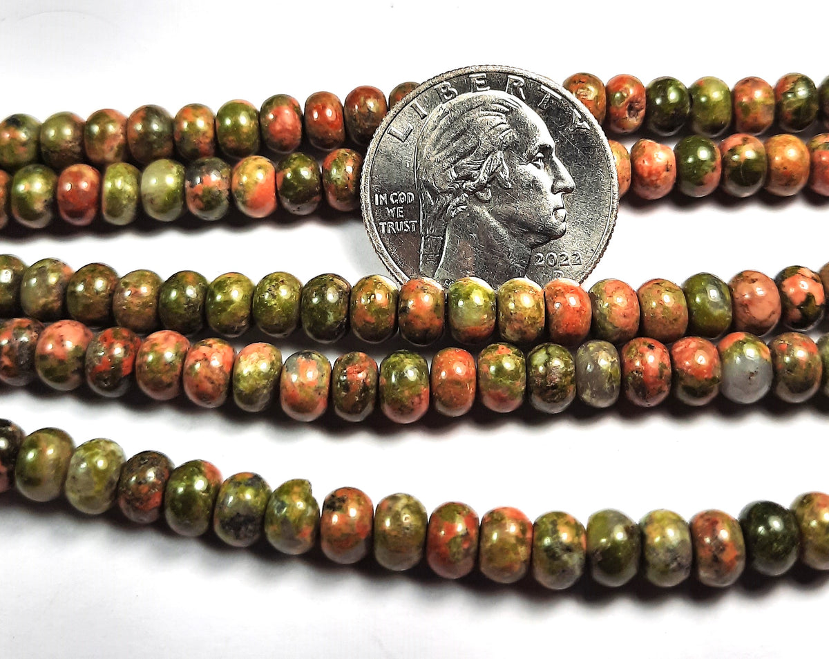 6x4mm Unakite Smooth Rondelle Gemstone Beads 8-Inch Strand