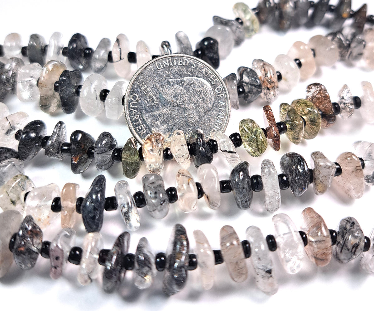 8-12mm Black Tourmalinated Quartz Chip Gemstone Beads 8-Inch Strand
