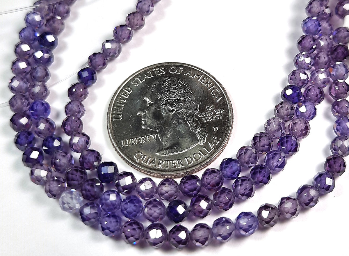 4mm Cubic Zirconia Amethyst Purple Faceted Round Gemstone Beads 8-Inch Strand