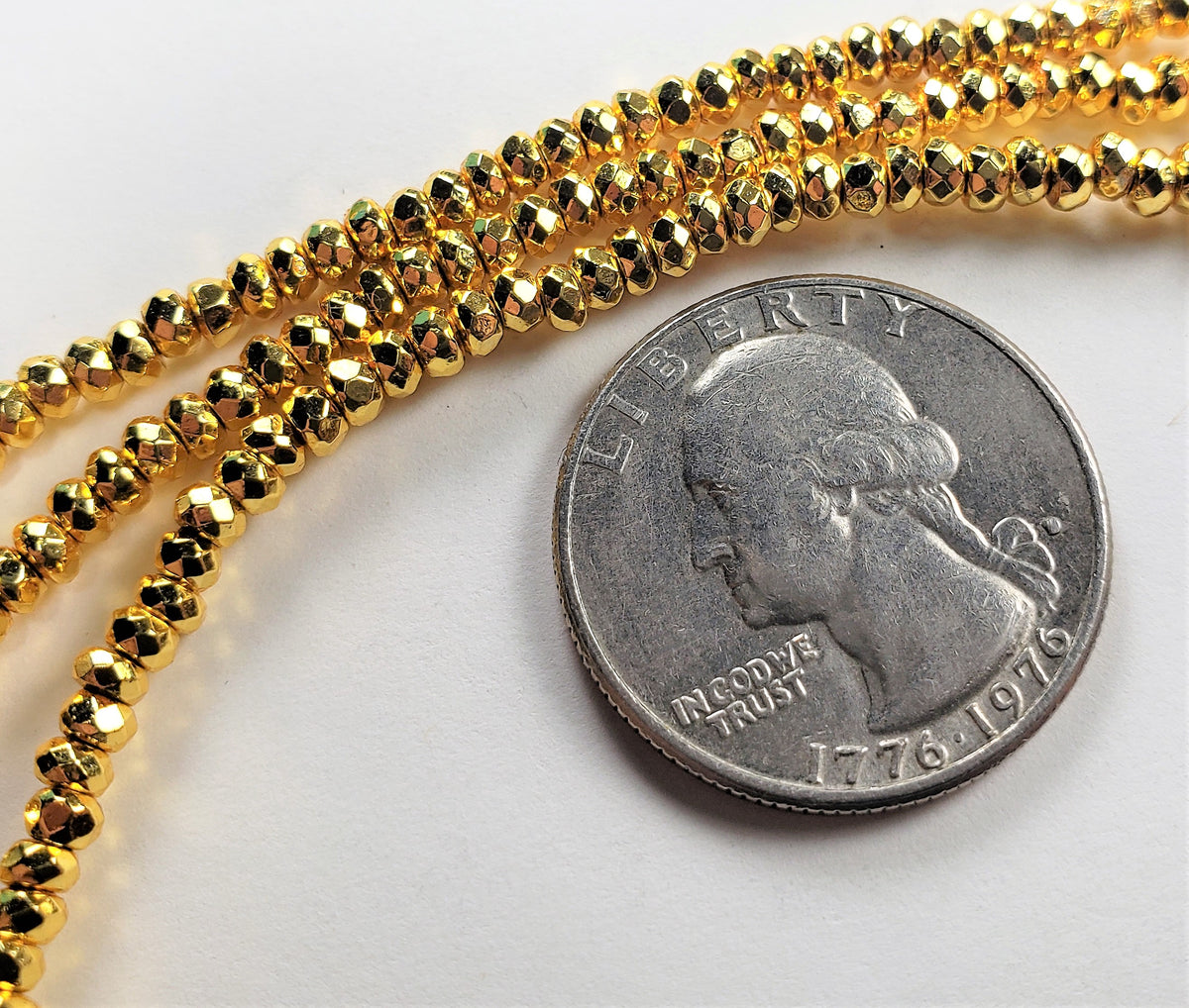 3x2mm Plated Hematite Real Gold Faceted Rondelle Gemstone Beads 8-Inch Strand