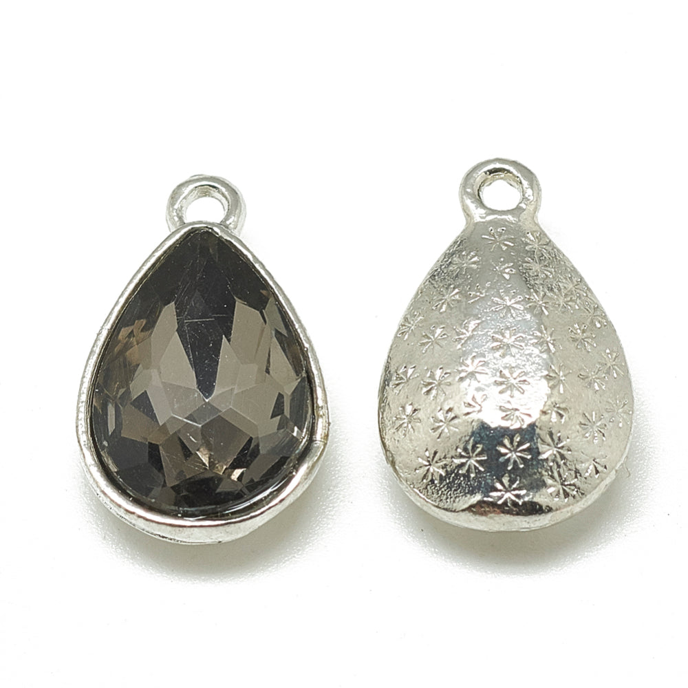 19x12mm Gray Faceted Teardrop Glass Rhinestone Charm in Platinum Tone